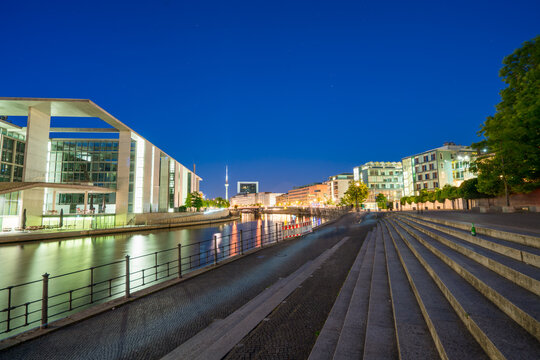 Evening skyline view of Berlin river Spreee. Germany