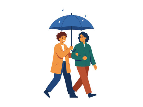 Couple walking together under umbrella in rain flat vector illustration