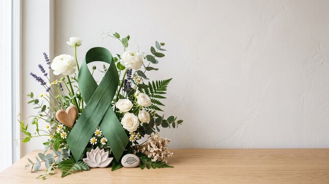 Green ribbon surrounded by flowers symbolizing World Mental Health Day  