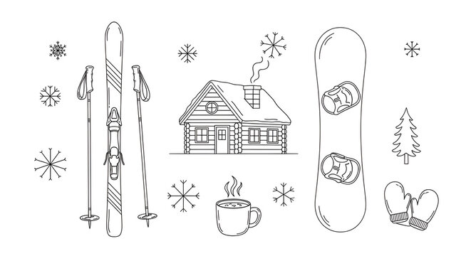 Winter Vacation Minimalist Line Art Set with Skis Snowboards and Cabin Icons