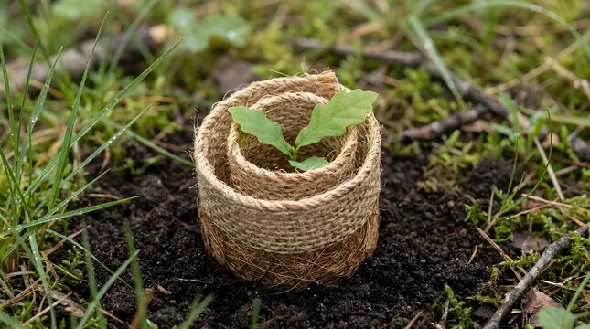 Small oak tree seedling protected by natural burlap roll planted in fertile soil outdoors