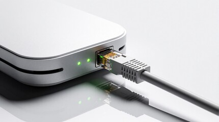 Fototapeta premium Modern white networking device with ethernet cable plugged in. Green LED indicator lights show active internet connection. High tech hardware setup for data transfer, fast network communication,