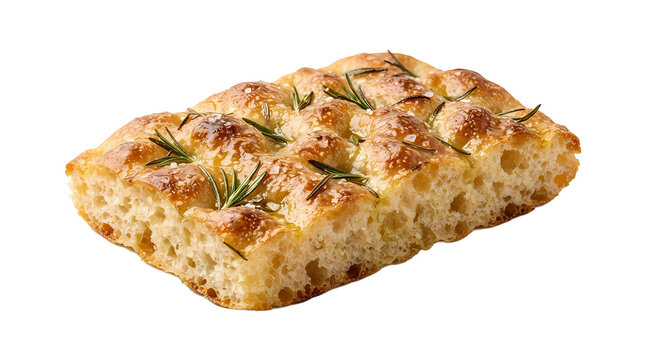 A delicious focaccia bread topped with rosemary and coarse salt, baked to golden perfection. The bread has a soft, airy texture and a rustic appearance, making it a perfect accompaniment to any meal