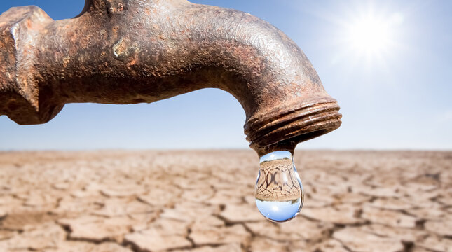 A Lone Drop in the Desert: A rusted, old faucet drips a single precious drop of water into a vast, cracked, and arid desert landscape, under a bright, scorching sun, symbolizing scarcity and drought.