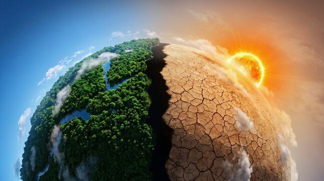 Earth's Divided Fate: A stark visual dichotomy depicts our planet half lush and vibrant, teeming with life, the other half parched and cracked under a scorching sun.