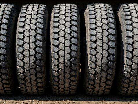 Large truck tires stand in a row on the ground. Heavy duty vehicle wheels have deep treads for traction on rough terrain. Ready for transport or repair.