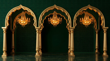 Fototapeta premium Luxury Islamic Triple Arch Palace Background with Golden Chandeliers on Dark Green Wall
