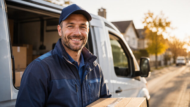 A smiling delivery man in a blue uniform holding a package stands next to a white van on a suburban street at sunset.