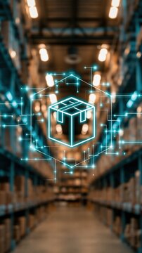 Futuristic warehouse logistics with glowing digital box icon and network connections