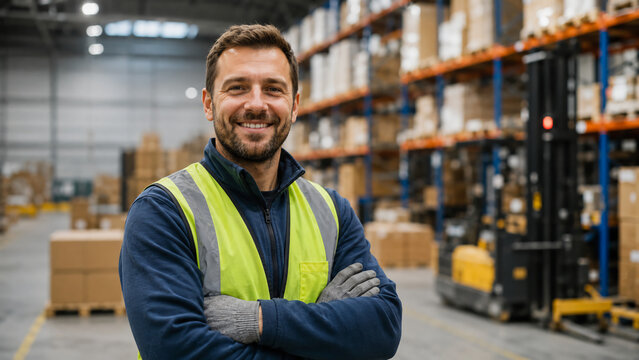 A smiling warehouse worker in a high-visibility vest stands confidently with arms crossed amid stacked boxes and industrial shelving.