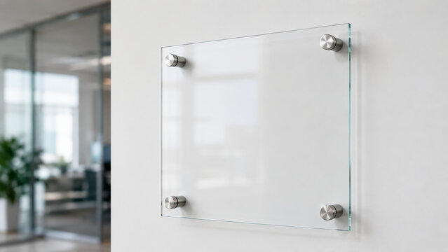 Clear glass sign mounted on a white wall with metal standoffs in a modern office environment.