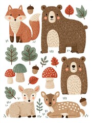 Fototapeta premium Charming Forest Animals and Autumn Elements Illustration - Cute Fox, Bears, Deer, Mushrooms, and Leaves