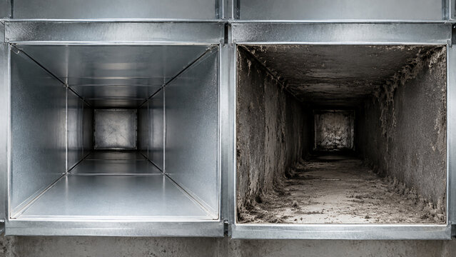 Two rectangular ventilation ducts side by side, one clean and metallic, the other dirty and covered in dust and debris.