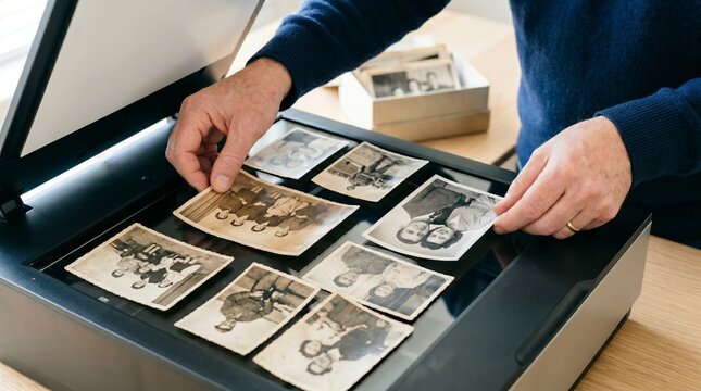 Man scanning old family photographs with a flatbed scanner for digital preservation, photo restoration, genealogy research, and archiving cherished memories at home