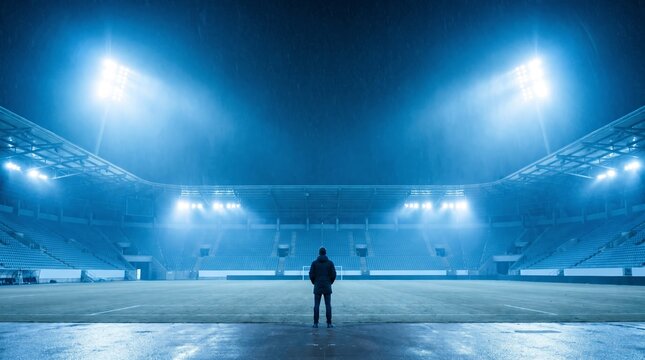 Man standing alone on an illuminated stadium field at night. Empty sports arena symbolizing ambition, solitude, competition, preparation and inspiration. Dramatic atmospheric scene with copy space.