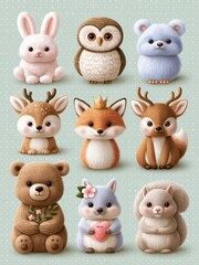 Fototapeta premium Charming Collection of Adorable Woodland Forest Animals with Soft Pastel Colors and Gentle Expressions