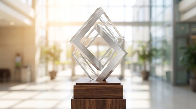 Modern geometric abstract sculpture displayed on a wooden pedestal in a bright contemporary interior, representing creativity, balance, architecture, design, and artistic innovation with copy space