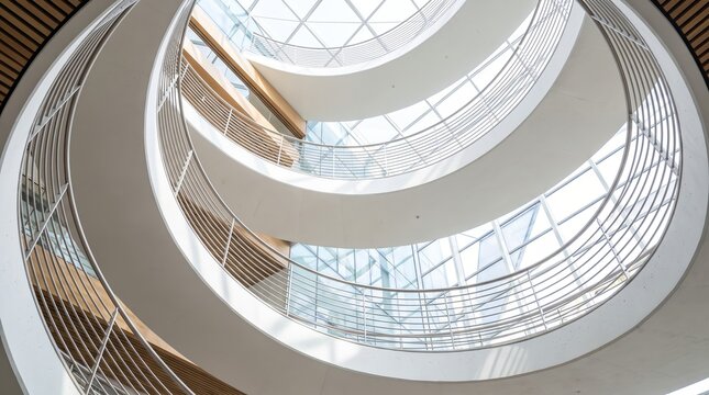 Modern atrium interior viewed upward through curved balconies and skylight. Contemporary architecture with geometric lines, natural light, and spacious public building design concept.