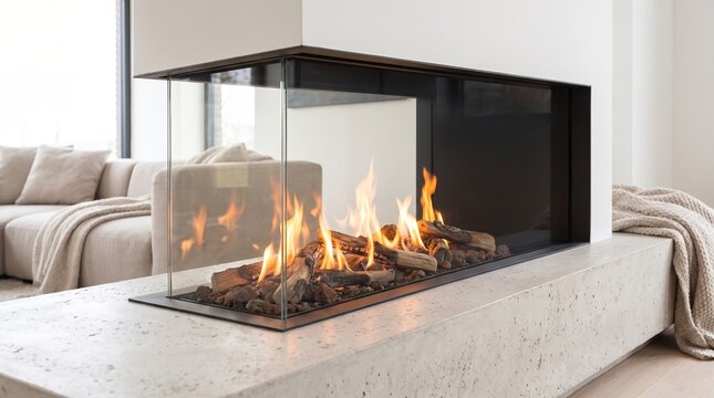 Modern glass fireplace with burning logs in a bright living room. Contemporary interior design featuring warmth, comfort, and luxury home architecture.
