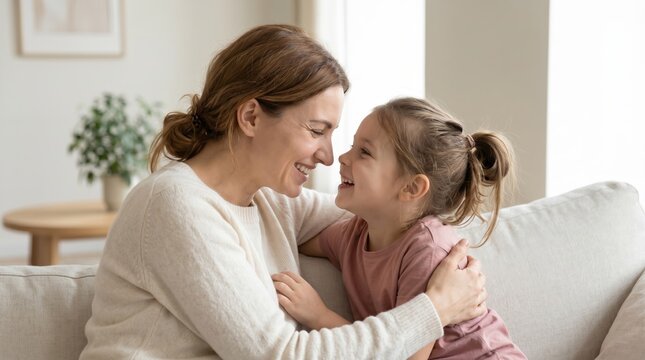 Mother embracing and laughing with young daughter on a sofa at home. Family love, joyful parenting, childhood happiness, and emotional connection in a comfortable living room.