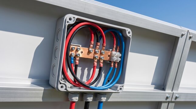Open electrical junction box with connected red, black, and blue cables mounted on a metal structure. Electrical installation, wiring, power distribution, and industrial safety concept.