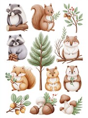 Fototapeta premium Charming Watercolor Forest Animals and Woodland Elements Collection for Children's Designs