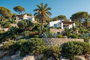 Fototapeta premium White Mediterranean villas nestle into a rich hillside. Tropical plants and palm trees surround stone terraces, under a clear blue sky. Homes offer stunning coastal views and natural beauty.