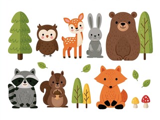 Fototapeta premium Adorable Forest Animals Collection: Cute Woodland Creatures and Nature Elements for Children's Designs