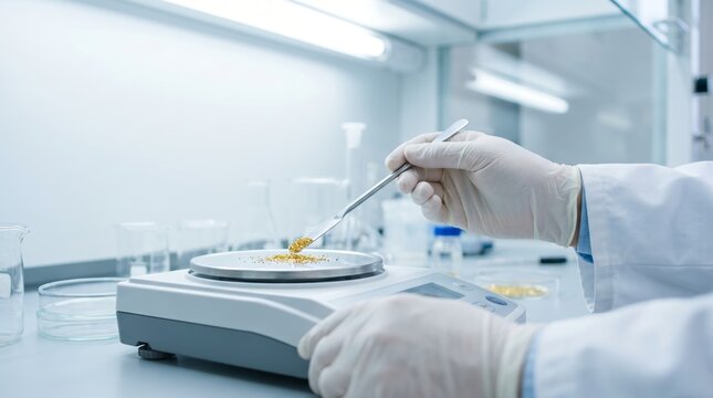 Scientist using tweezers to examine powdered sample on precision laboratory balance. Analytical chemistry research, pharmaceutical testing, material science, and scientific quality control concept.