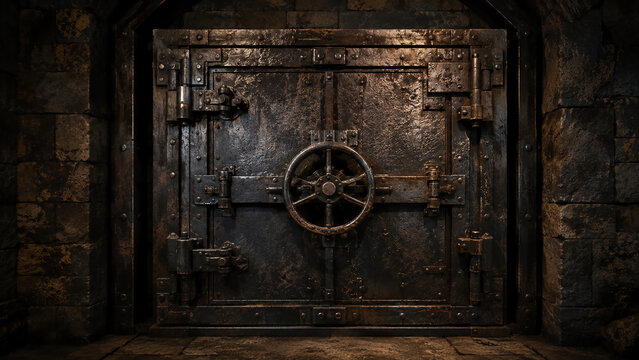 A heavy, old-fashioned metal vault door with a large central wheel lock set in a dimly lit, rustic stone wall.