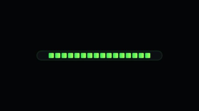 Green digital loading bar animation, glowing progress indicator on black background, tech interface status bar for software and web design