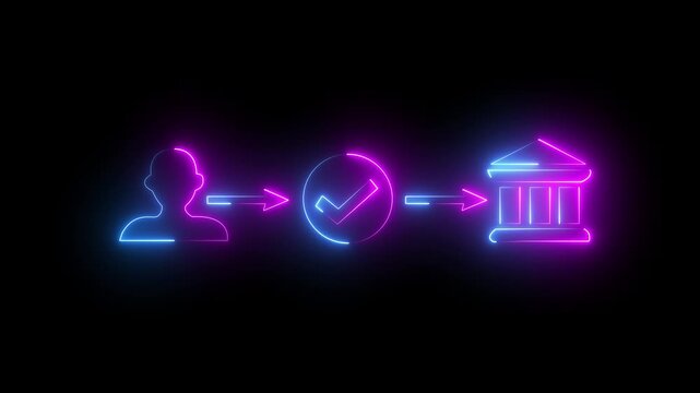 Glowing neon payment and secure online banking transaction concept. , verifying digital transfer through , safe, and seamless financial service. Neon icon 4k video animation with black background.