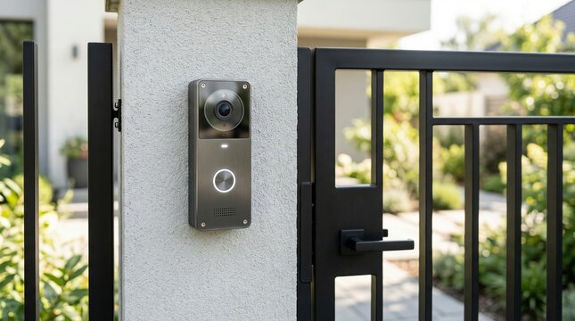 Smart video doorbell mounted beside a modern residential gate. Home security, visitor monitoring, access control, and connected technology concept for property protection.