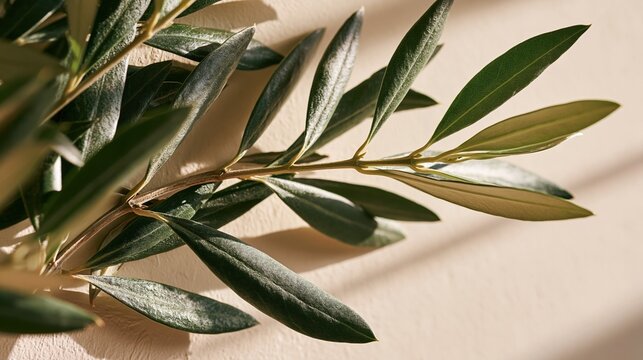 Close-up of a healthy olive branch with lush green leaves casting subtle shadows on a light, neutral background