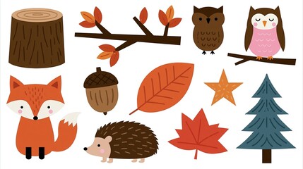 Fototapeta premium Charming Autumn Forest Woodland Creatures and Elements Collection for Seasonal Design