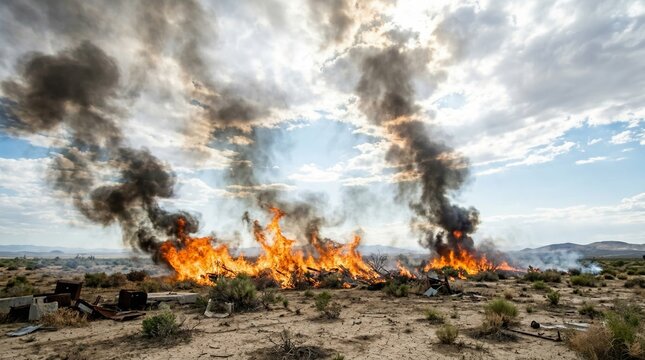 Wildfire burning through a dry desert landscape with flames and thick smoke. Climate change, environmental disaster, drought, and emergency response concept.