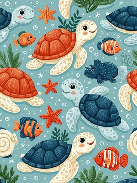 Adorable seamless pattern of cute cartoon sea turtles, fish, and starfish swimming underwater