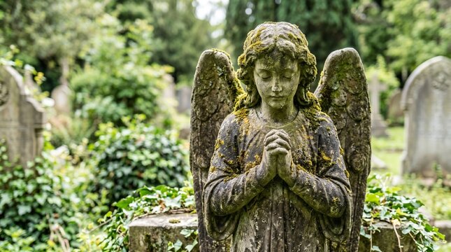 Weathered angel statue with folded hands in an overgrown cemetery. Symbol of prayer, remembrance, mortality, spirituality, and peaceful mourning in historic burial ground.