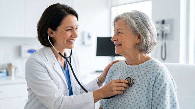 Woman doctor examining senior woman with stethoscope in hospital. Compassionate healthcare consultation, preventive medicine, patient wellbeing and professional medical care concept.