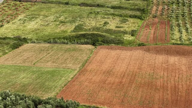 Aerial view of diverse agricultural fields with tilled soil and green crops near Kajan, Elbasan County, Albania.