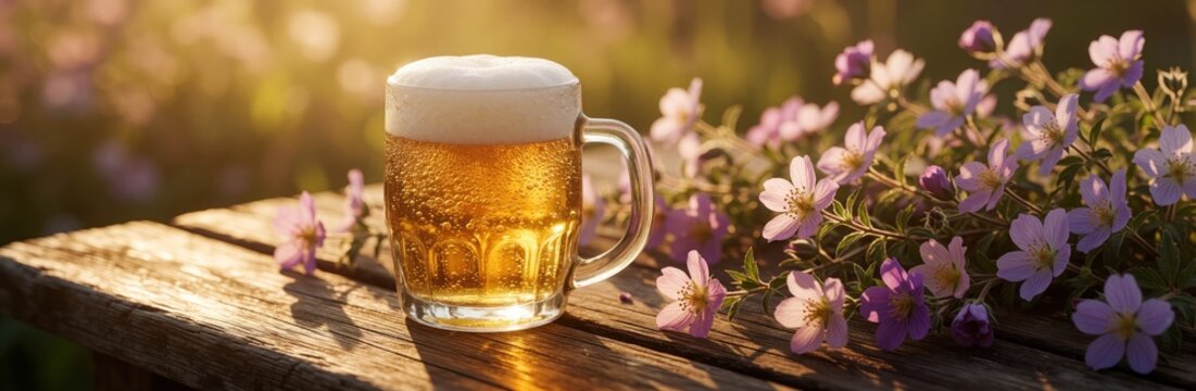 A glass of fresh beer with frothy foam sits on an old wooden table, reflecting sunlight. Pink flowers bloom around it on a garden bench in a sunny park. Nature surrounds the refreshing drink outdoors.