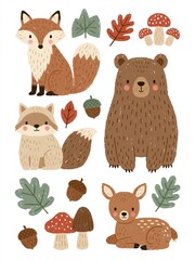 Fototapeta premium Charming Woodland Creatures and Autumn Elements: Fox, Bear, Raccoon, Deer, Mushrooms, and Acorns Illustration