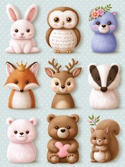 Fototapeta premium Adorable Woodland Creatures Collection: Cute Watercolor Animals for Children's Designs and Decor