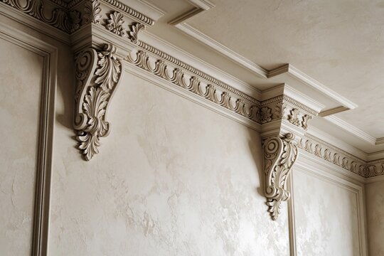 Interior corner features ornate gypsum corbels on a textured beige wall. Classical molding and decorative cornice details refine the ceiling finish.