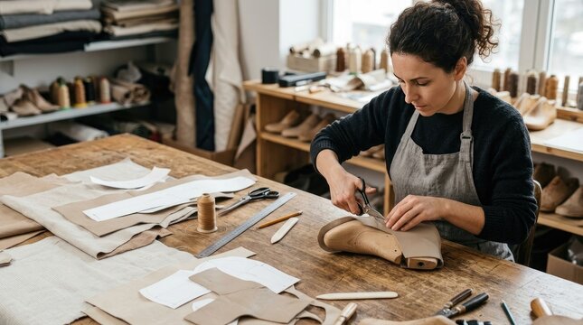 Professional shoemaker cutting leather pattern on a wooden last in a craft workshop