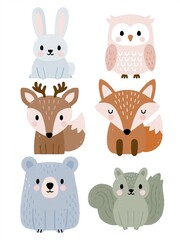 Fototapeta premium Charming Woodland Creatures Collection: Adorable Cartoon Animals for Children's Designs and Decor
