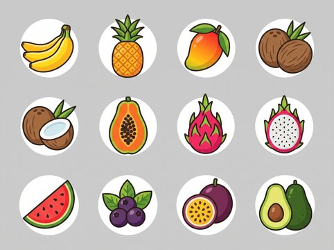 Collection of tropical fruits in circles