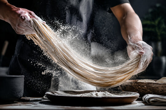 Hand-pulled noodles moving through a flour cloud