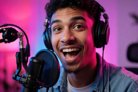 Young man smiles recording podcast in modern studio. Enthusiastic creator wears headphones, speaks into professional mic. Audio producer talks online during live stream radio show with colorful neon