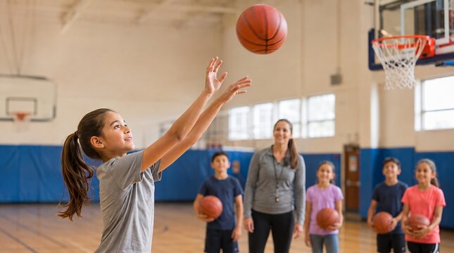  Active young girl shooting a basketball during a PE class in the school gymnasium. Female coach and diverse classmates watching in the background. Physical education and school sports concept.